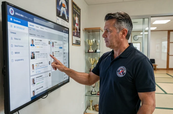 Entraîneur de judo consultant l'extranet fédéral sur un écran tactile dans la réception d'un dojo