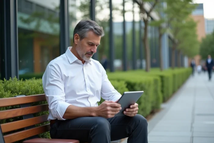 Entrepreneur consultant une tablette avec des graphiques financiers assis à l'extérieur d'un campus d'entreprise moderne