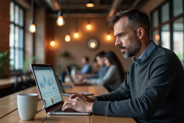 Entrepreneur masculin consultant des indicateurs de performance et tendances business sur son ordinateur dans un espace de co-working
