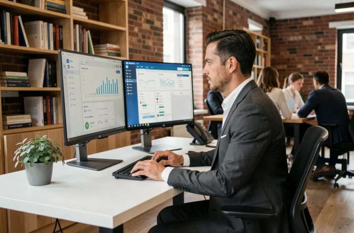 Entrepreneur en costume travaillant sur des outils digitaux B2B avec tableaux de bord CRM et automatisation marketing dans un espace coworking