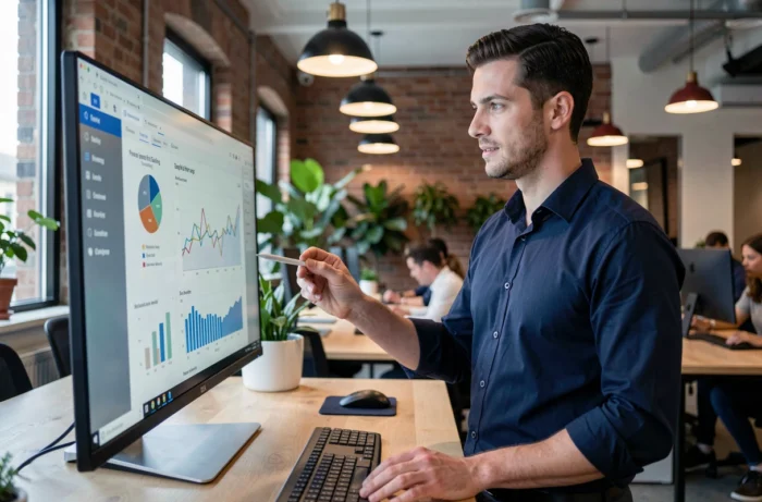 Jeune entrepreneur masculin analysant des données de performance dans un espace de coworking moderne, stratégie pour réussir son business en ligne