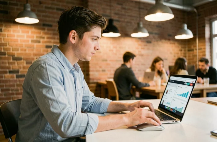 Entrepreneur travaillant sur des solutions digitales professionnelles dans un espace de coworking moderne
