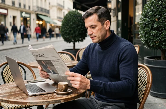 Entrepreneur lisant un journal économique en terrasse de café parisien avec un ordinateur portable, représentant le suivi des actualités business