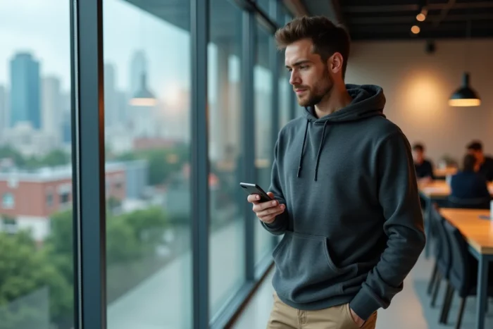 Jeune entrepreneur consultant ses statistiques de marketing digital sur smartphone dans un espace de coworking moderne
