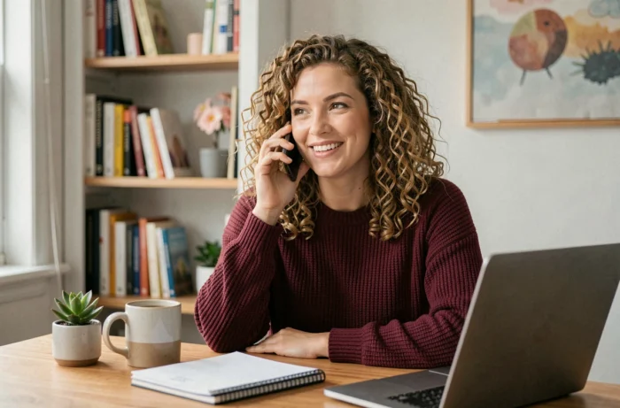 Entrepreneuse indépendante souriante gérant son activité depuis son bureau à domicile grâce aux solutions Madam Business