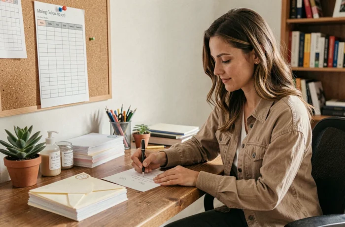 Une future mariée rédige et envoie les faire-part de mariage à son bureau, avec un calendrier de relance affiché au mur.