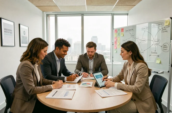 Équipe B2B diverse collaborant autour d'une stratégie de croissance digitale avec rapports et outils numériques sur une table de réunion