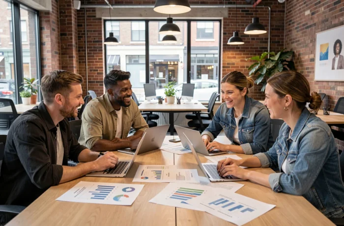 Équipe de professionnels collaborant autour de données analytiques pour développer leur visibilité en ligne
