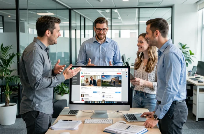 Collègues de bureau comparant les différences entre Google Play et YouTube pour une application d'information