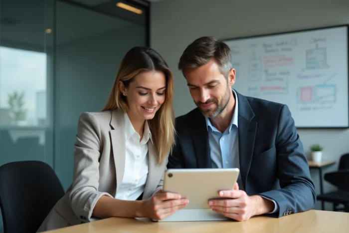 Deux collègues consultant un portail extranet professionnel ensemble sur une tablette en salle de réunion