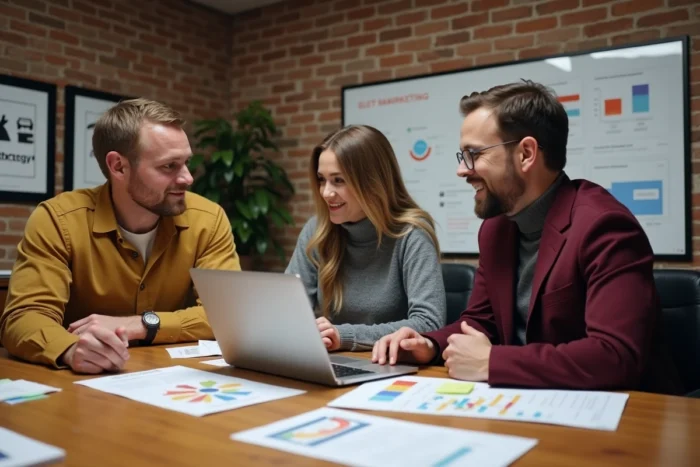 Équipe de professionnels du marketing collaborant autour d'une table avec des rapports de stratégie digitale