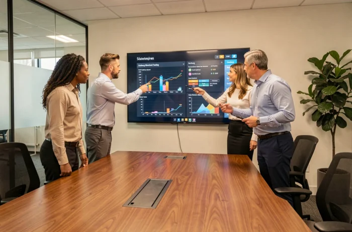 Équipe de professionnels en réunion stratégique autour d'un écran interactif présentant des données économiques et des tendances du marché