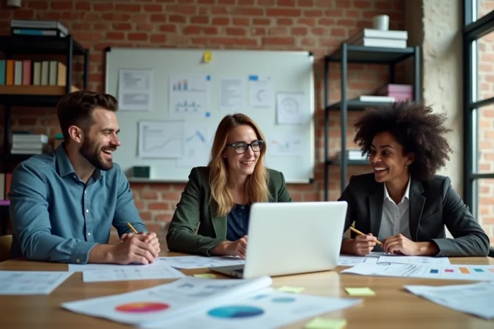 Équipe professionnelle en réunion de stratégie analysant des rapports et tendances pour développer leur business