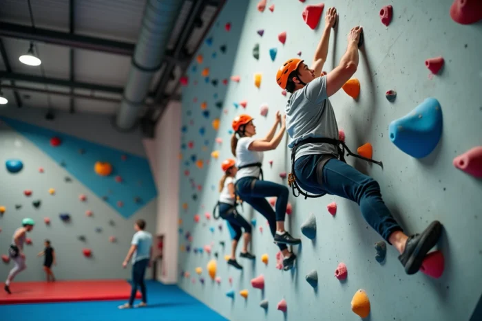 Groupe intergénérationnel pratiquant l'escalade sur un mur de bloc coloré dans une salle d'escalade intérieure