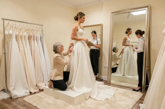 Une future mariée lors d'un essayage de robe de mariage chez la couturière, plusieurs mois avant la cérémonie.