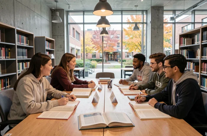 Groupe d'étudiants en sociologie discutant autour d'une table dans une bibliothèque universitaire moderne