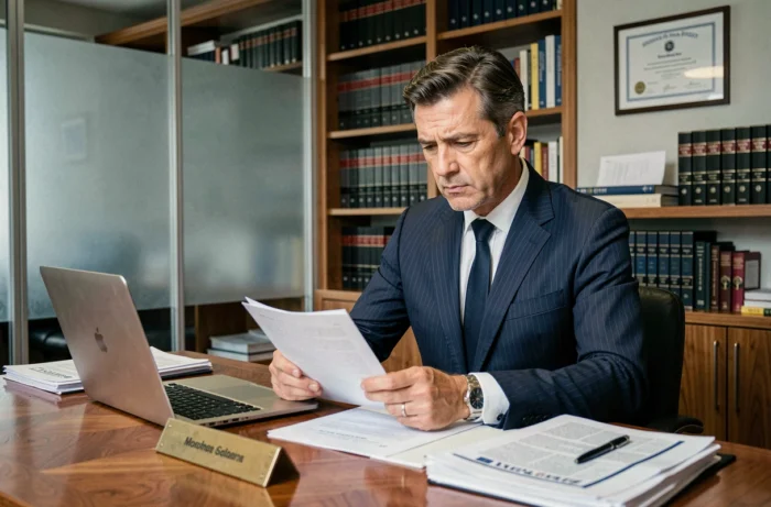 Expert-comptable en costume marine assis à son bureau examinant des documents juridiques et financiers dans un cabinet comptable formel