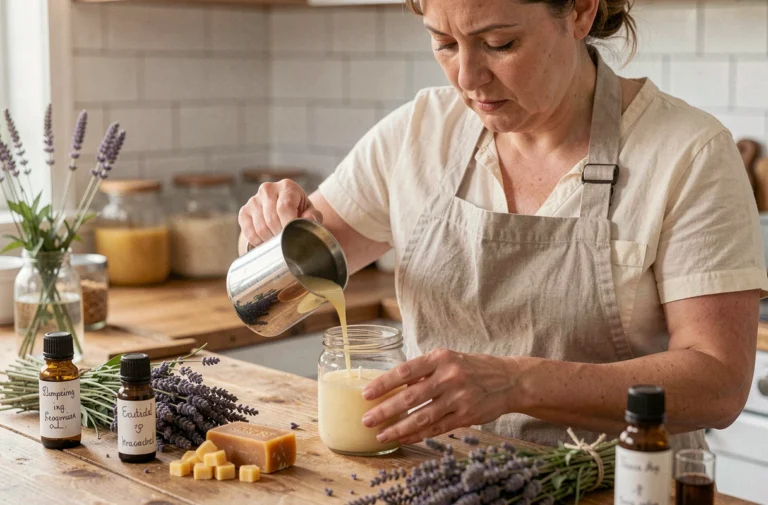 Femme versant de la cire végétale fondue dans un bocal en verre pour fabriquer une bougie maison sur un plan de travail en bois rustique