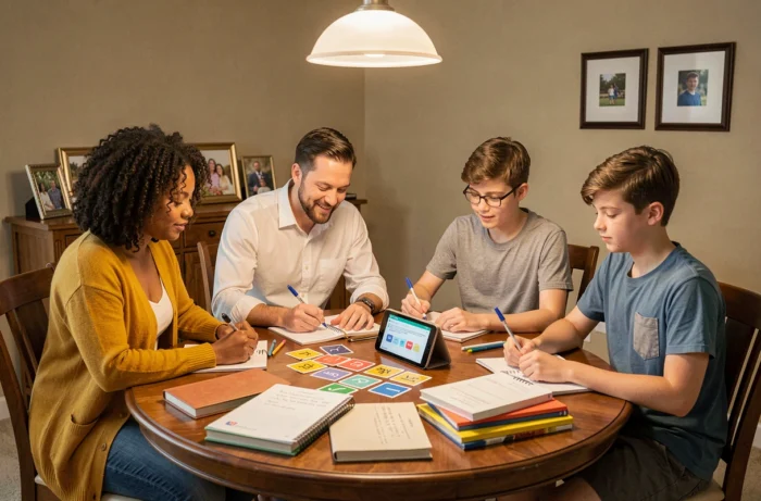 Famille de quatre personnes réunies autour d'une table avec des livres, une tablette et des planners pour organiser l'éducation quotidienne