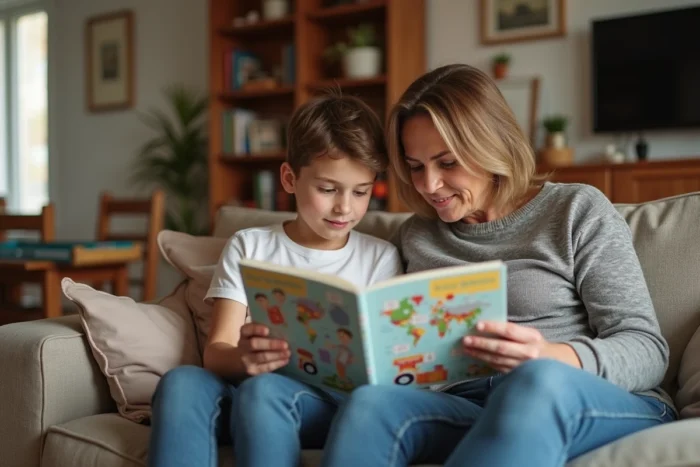 Mère et fils atteint d'un syndrome chromosomique lisant un livret éducatif sur la santé dans un cadre familial chaleureux