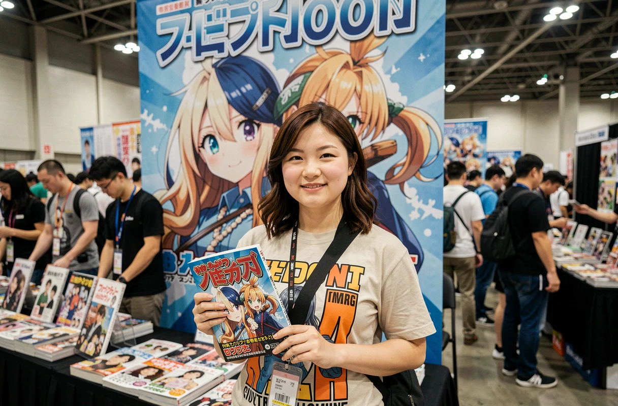 Fan de One Piece tenant le volume du chapitre 1141 devant un stand de convention manga