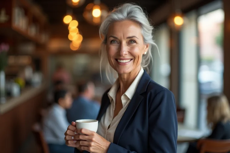 Femme de 60 ans élégante et souriante dans un café chic, dégageant confiance et séduction naturelle