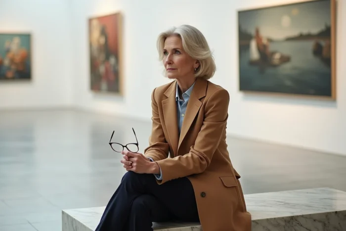 Femme de 60 ans raffinée et sûre d'elle assise dans une galerie d'art moderne, style et élégance naturelle