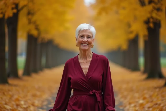 Femme élégante de 60 ans en robe bordeaux se promenant dans un parc en automne, rayonnante et séduisante