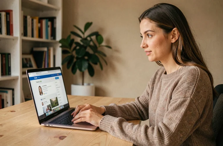 Femme adulte utilisant une plateforme de rencontre en ligne sur son ordinateur portable dans un bureau à domicile moderne