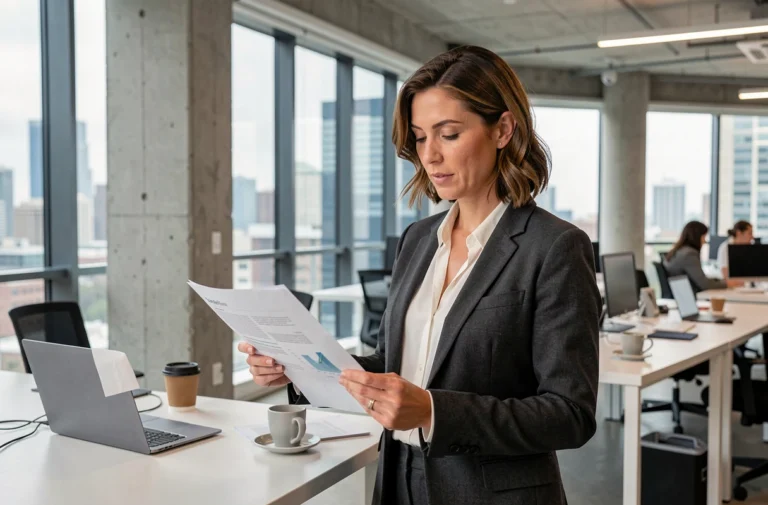 Femme d'affaires en blazer gris analysant des rapports dans un bureau moderne avec vue sur la ville, illustrant les tendances business actuelles