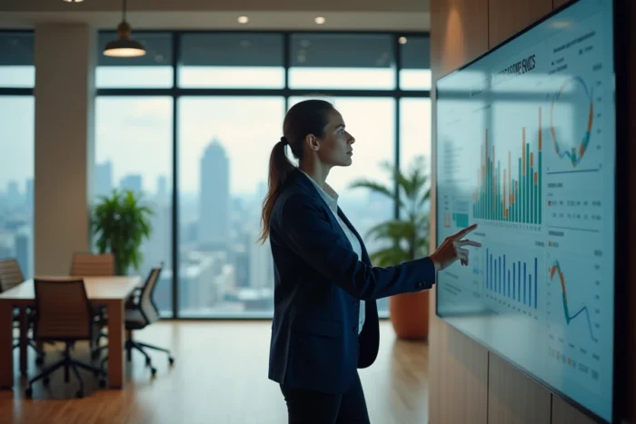 Femme d'affaires analysant des tendances et données analytiques sur un écran tactile dans un bureau moderne en 2024