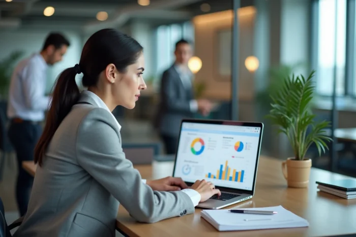 Femme professionnelle analysant des statistiques SEO et des annuaires en ligne sur un ordinateur portable dans un bureau moderne