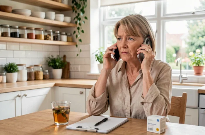 Femme appelant un médecin au téléphone dans une cuisine avec un médicament laxatif sur la table