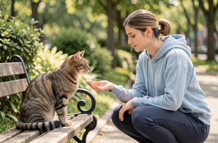Jeune femme offrant une friandise à un chat tigré dans un parc urbain, illustrant les conseils de nutrition et de bien-être pour les chats domestiques en extérieur