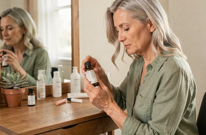 Femme mature lisant les ingrédients d'une huile visage à sa coiffeuse en bois