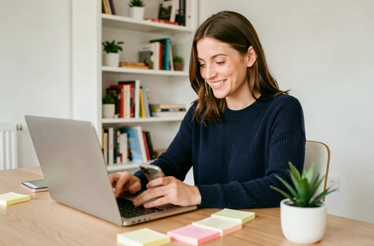 Femme travaillant sur ordinateur et smartphone pour animer une communauté digitale depuis son bureau à domicile