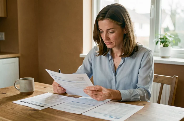 Femme comparant les garanties de son contrat d'assurance auto à son domicile