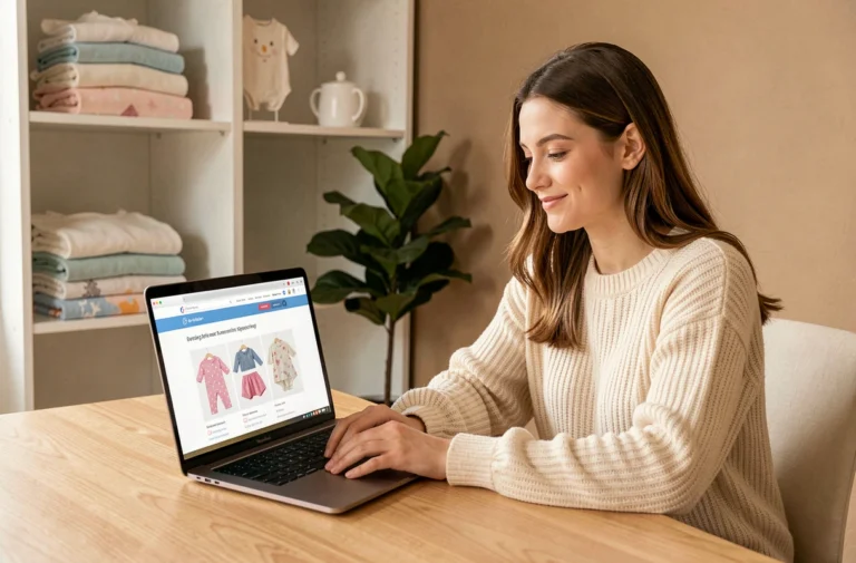 Jeune femme naviguant sur le site Les Bébés Fringueurs depuis un bureau à domicile pour contacter la boutique en ligne