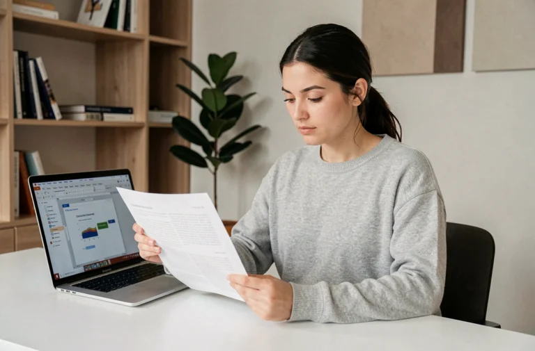 Femme consultant un document imprimé en miroir à côté de son ordinateur ouvert sur Microsoft Word dans un bureau moderne