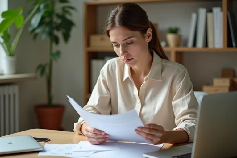Femme consultant des documents administratifs pour trouver son code Action Logement Visale à son bureau à domicile