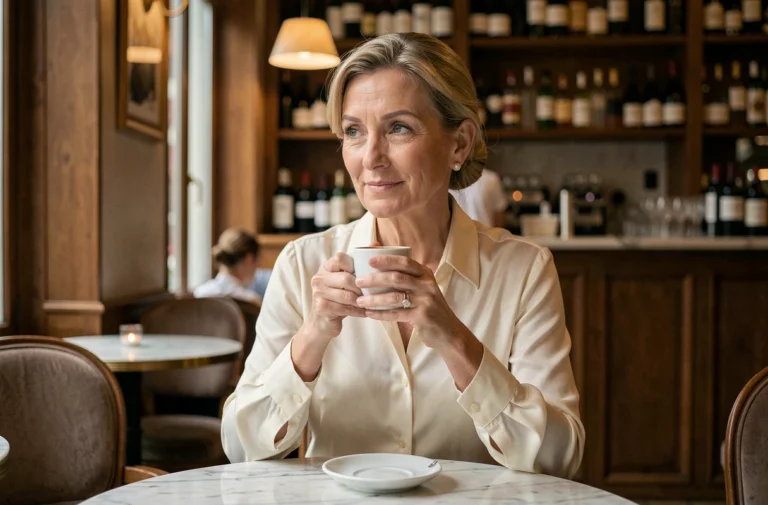 Femme élégante d'une quarantaine d'années assise dans un bistrot parisien discret, tenant une tasse d'espresso, regard pensif évoquant l'intimité d'un couple