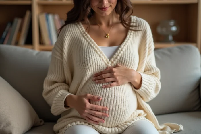 Femme enceinte tenant un bola de grossesse Pandora en or dans un salon chaleureux
