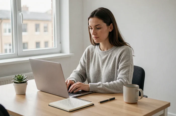 Femme entrepreneur travaillant sur son ordinateur portable dans un bureau à domicile moderne et épuré, illustrant le lancement d'un business en ligne