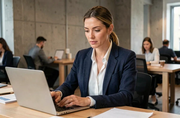 Femme cheffe d'entreprise analysant des documents stratégiques dans un espace de coworking moderne pour booster son activité