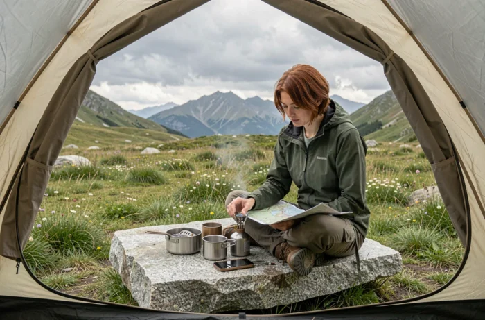 Femme organisant son équipement de camping ultraléger dans une tente ouverte sur un plateau alpin fleuri