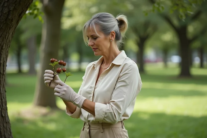 Femme examinant des galles de chêne sur une branche dans un parc, sensibilisation aux allergènes naturels