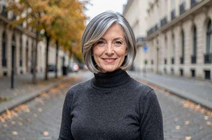 Femme aux cheveux gris avec un balayage élégant en rue parisienne en automne portant un col roulé gris