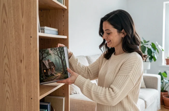 Femme installant un book nook fait main dans une bibliothèque dans un salon scandinave minimaliste