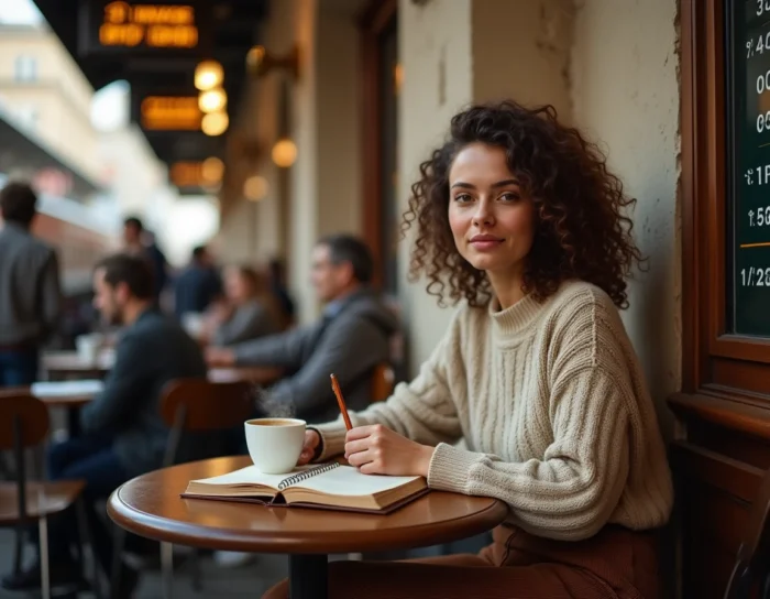 Jeune femme écrivant dans son journal de voyage dans un café vintage d'une gare historique européenne