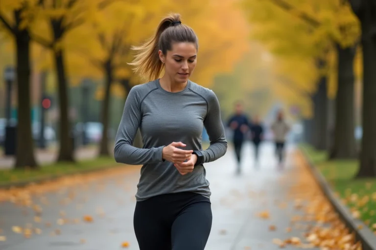 Femme marchant dans un parc urbain en automne et consultant sa montre connectée pour suivre ses pas